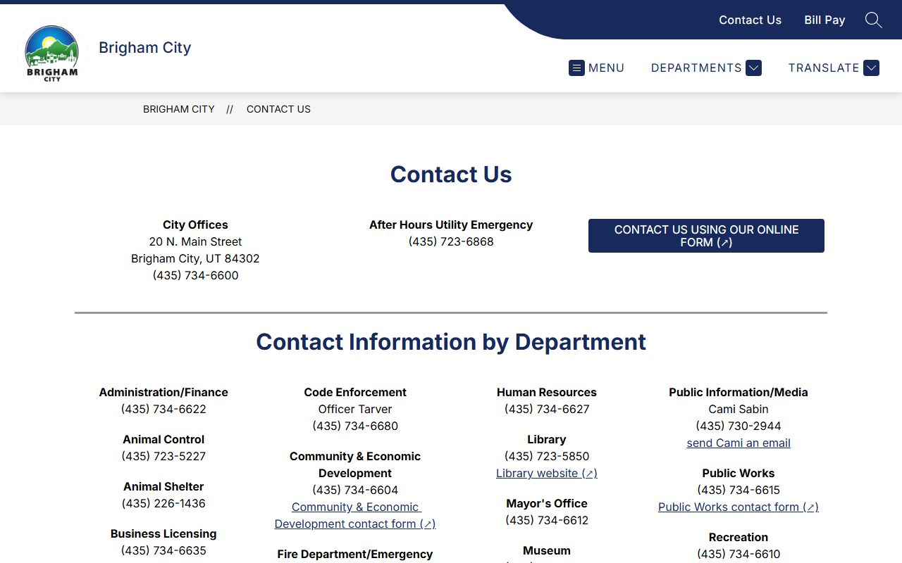 Brigham City administration contact page for felony records requests