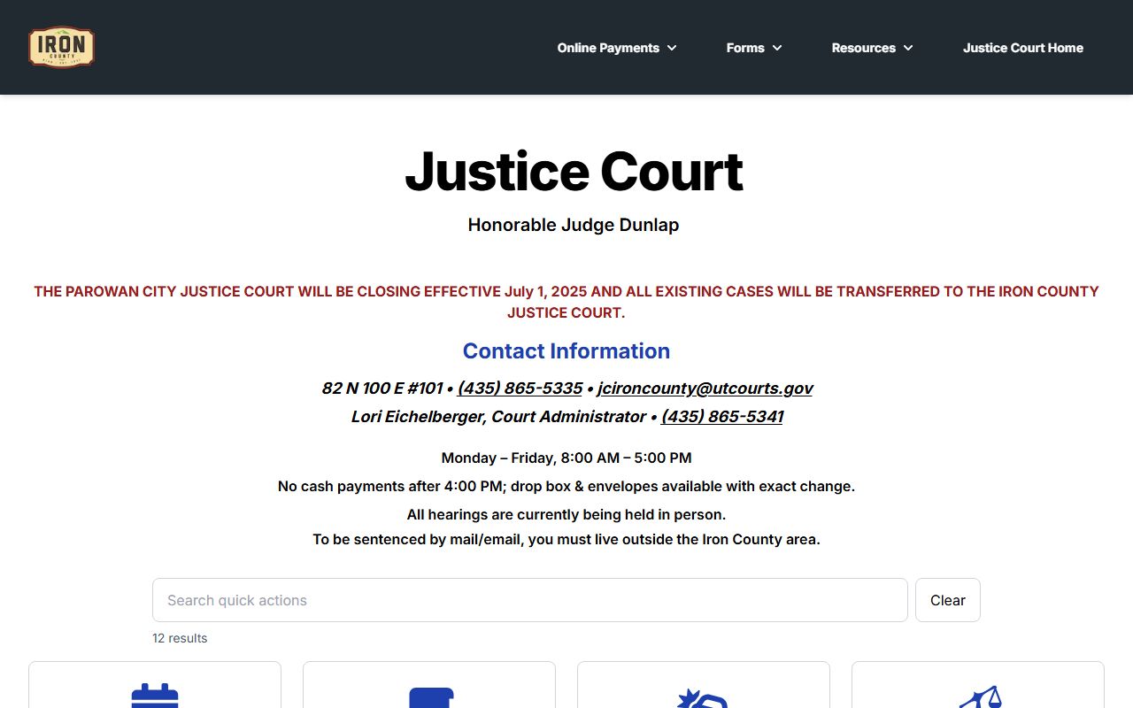 Iron County Justice Court page for Cedar City criminal records and felony referrals