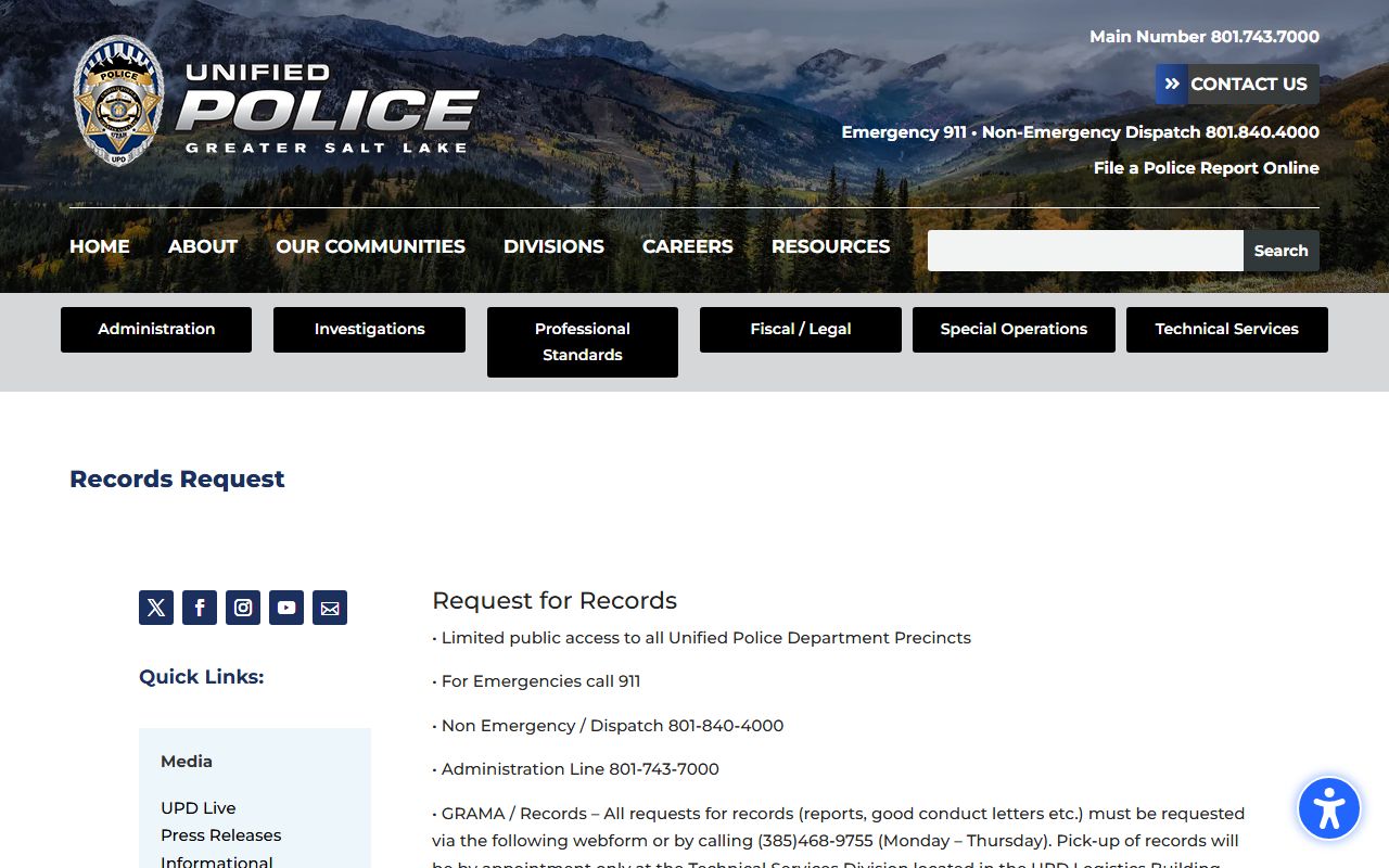 Cottonwood Heights felony records request page at Unified Police Department