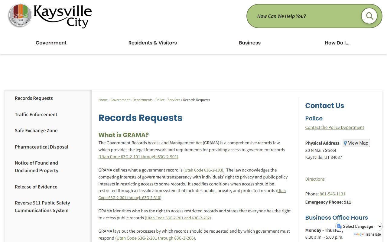 Kaysville police records request page for felony records and GRAMA submissions