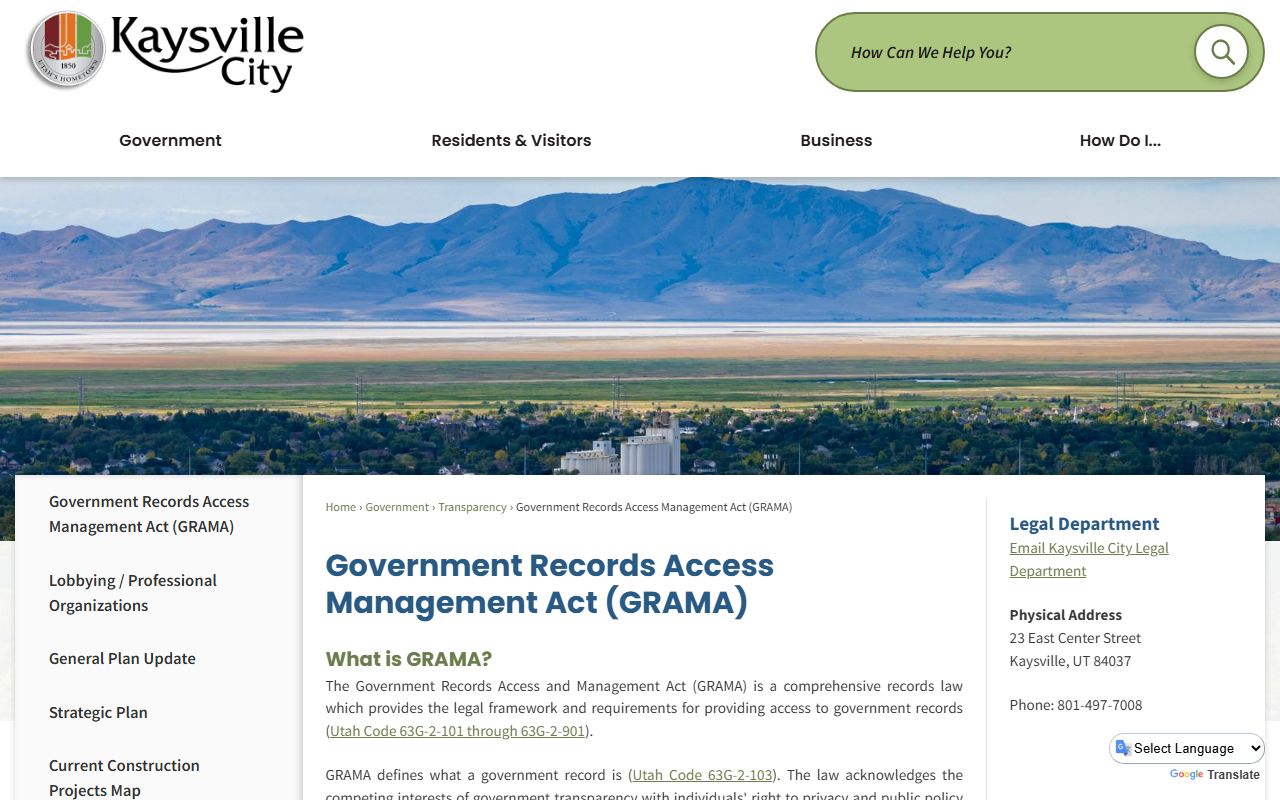 Kaysville City GRAMA page for government records access management requests