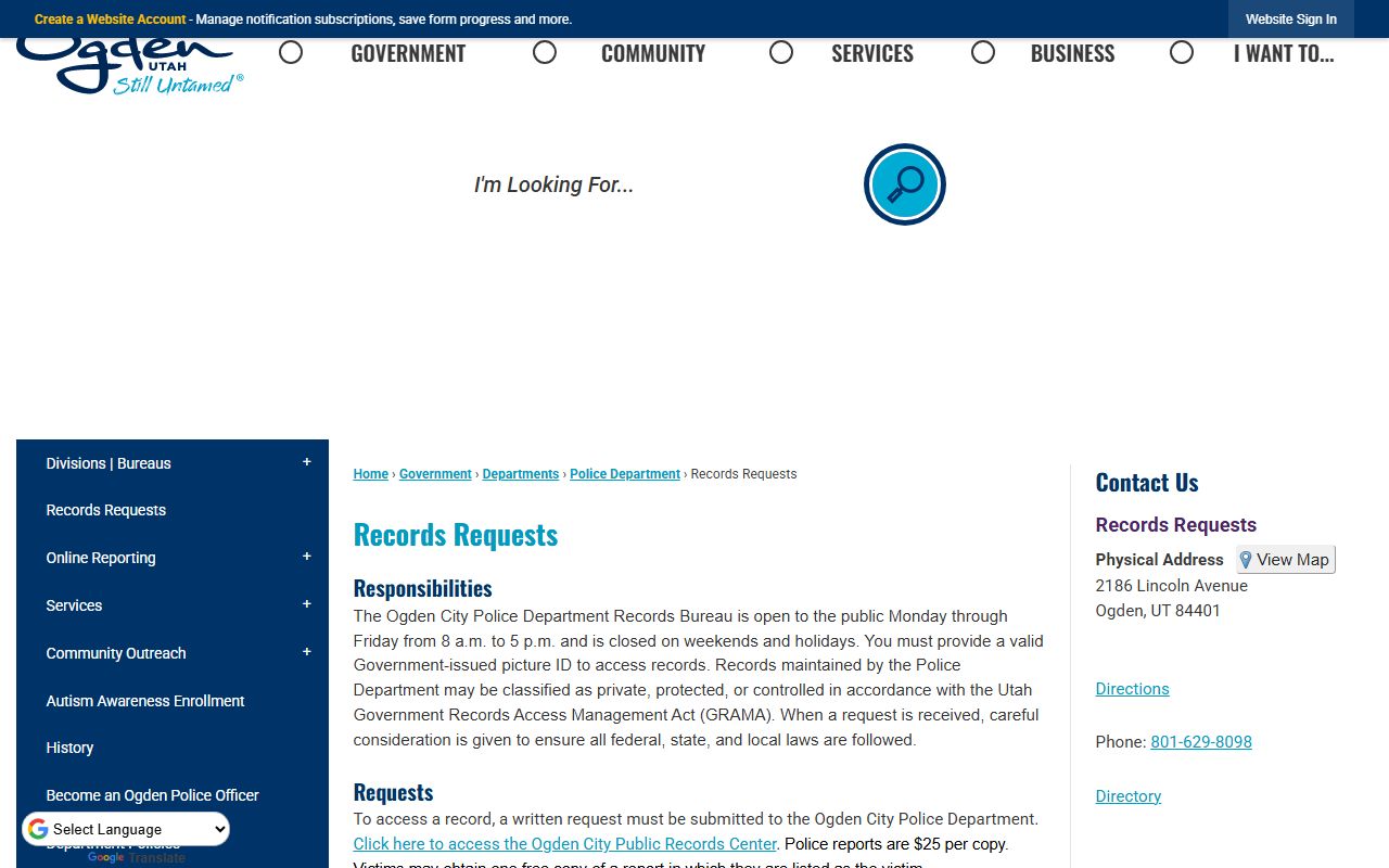 Ogden felony records Ogden Police Department records request portal