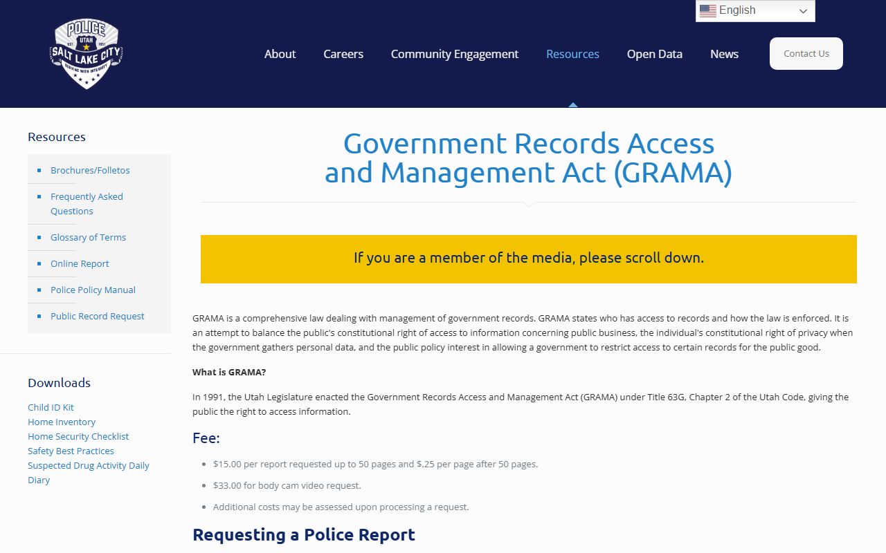 Salt Lake City police GRAMA records request page for felony records