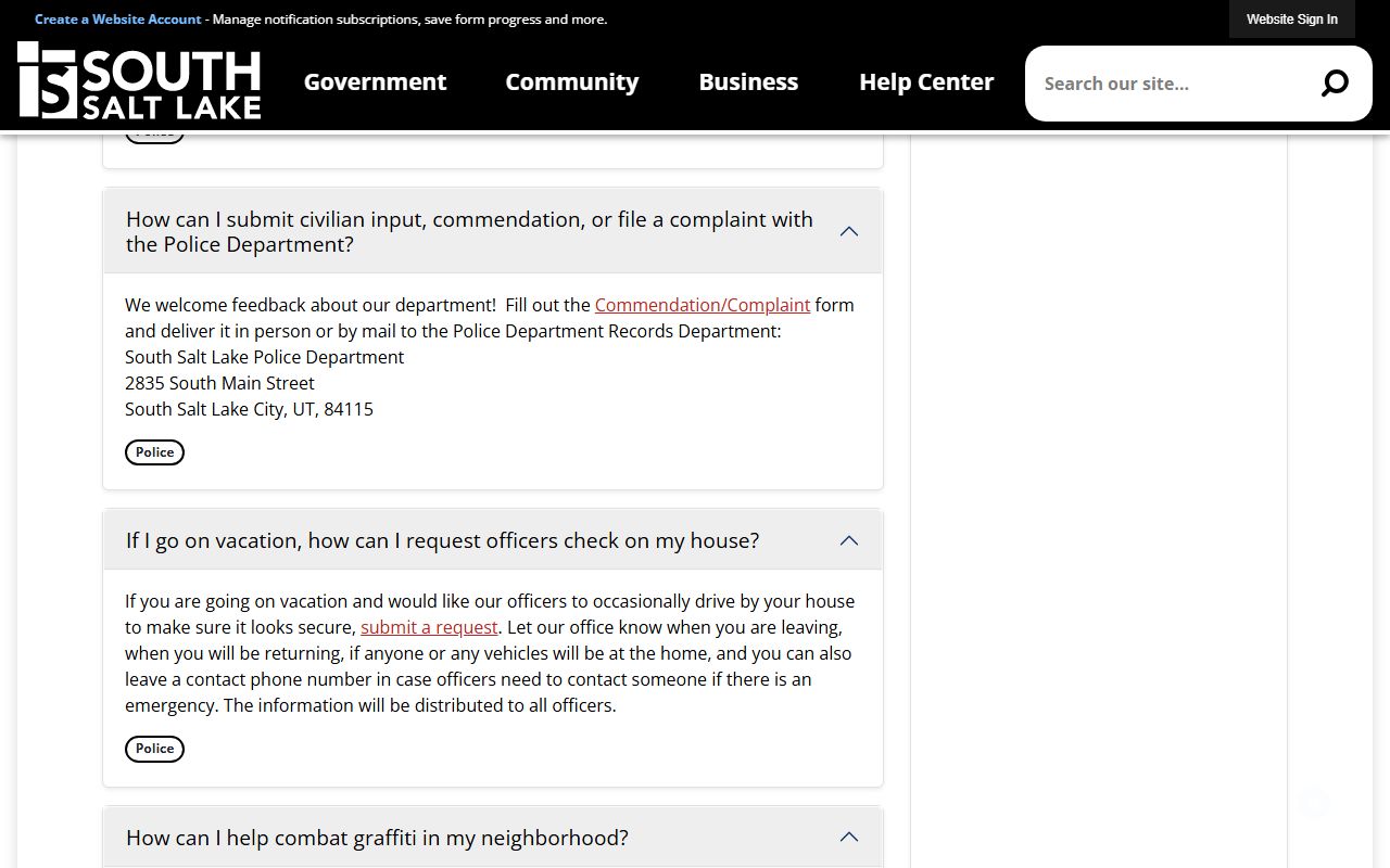 South Salt Lake Police Department FAQ page for felony records and GRAMA requests