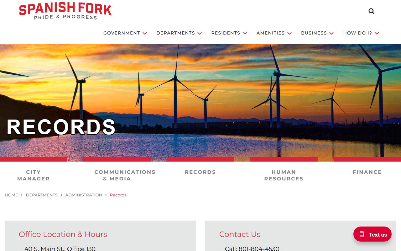 Spanish Fork City administration records page for GRAMA and public document requests