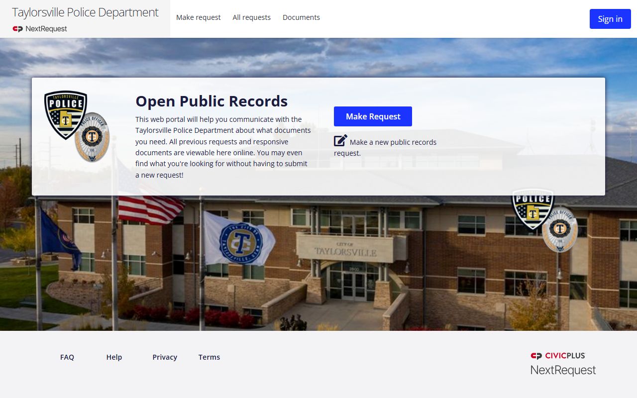 Taylorsville felony records request through Taylorsville Police NextRequest portal