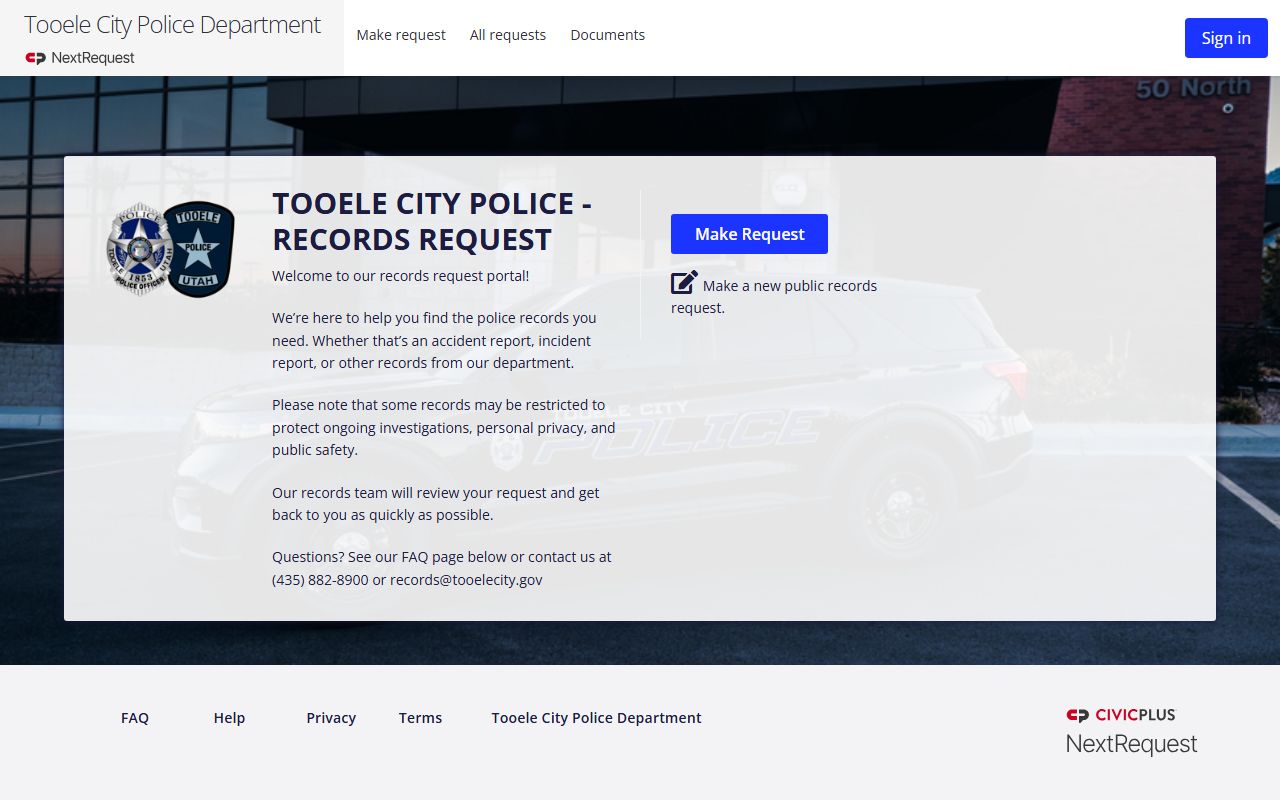 Tooele City Police NextRequest portal for felony records and GRAMA requests