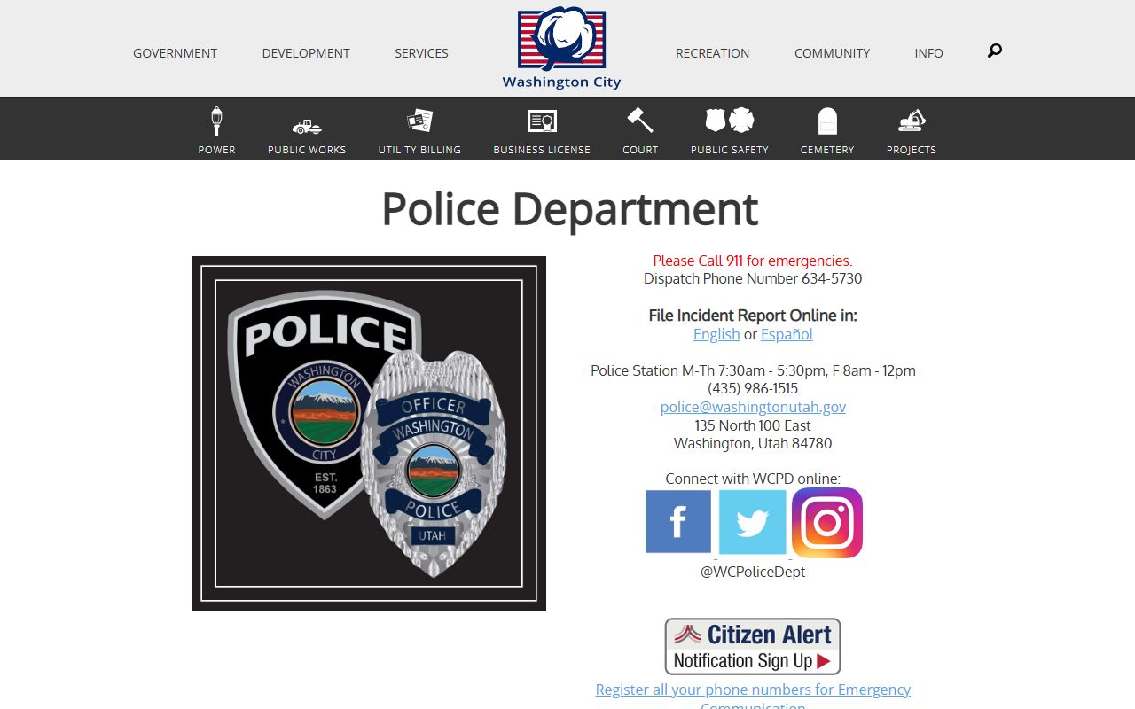 Washington City police department page for felony records and GRAMA requests