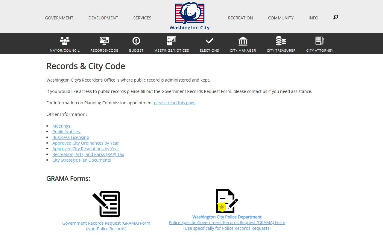 Washington City government records GRAMA request page for felony and public records