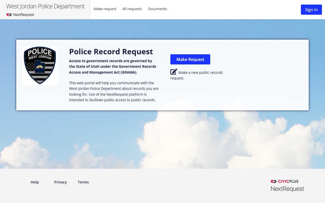 West Jordan Police Department NextRequest portal for felony arrest records