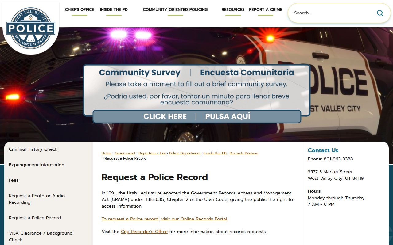 West Valley City police records request page for felony records and GRAMA