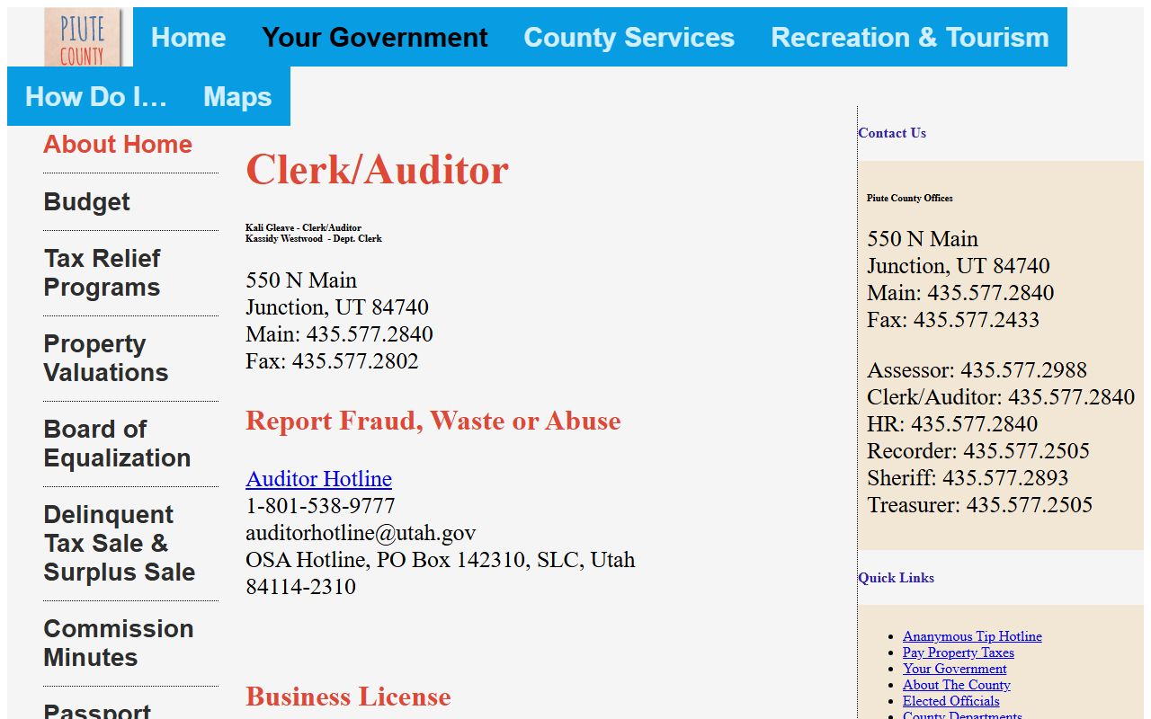 Piute County Clerk Auditor office for felony records requests