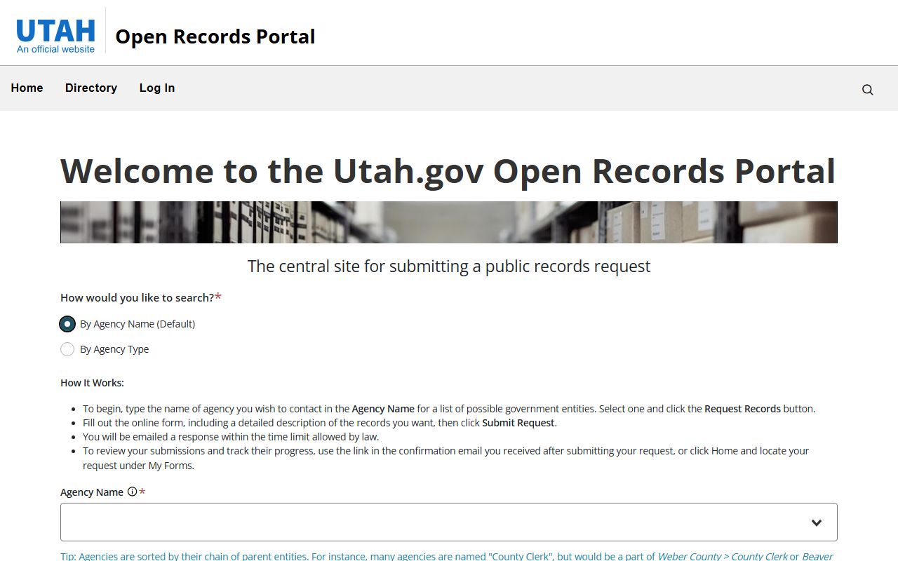 Utah felony records GRAMA request submission through the Utah Open Records Portal