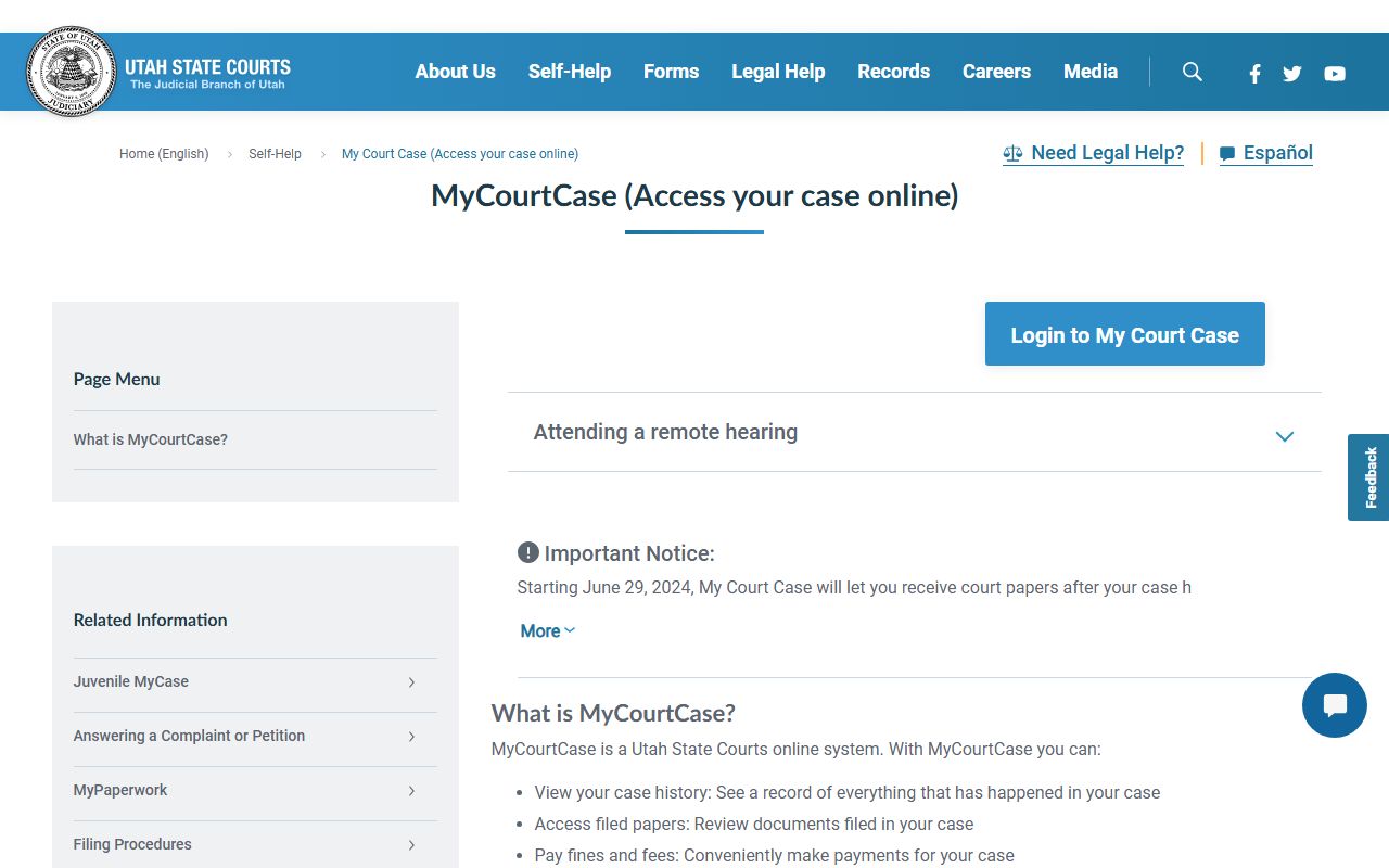 Utah felony records access through the MyCase party portal for court case parties